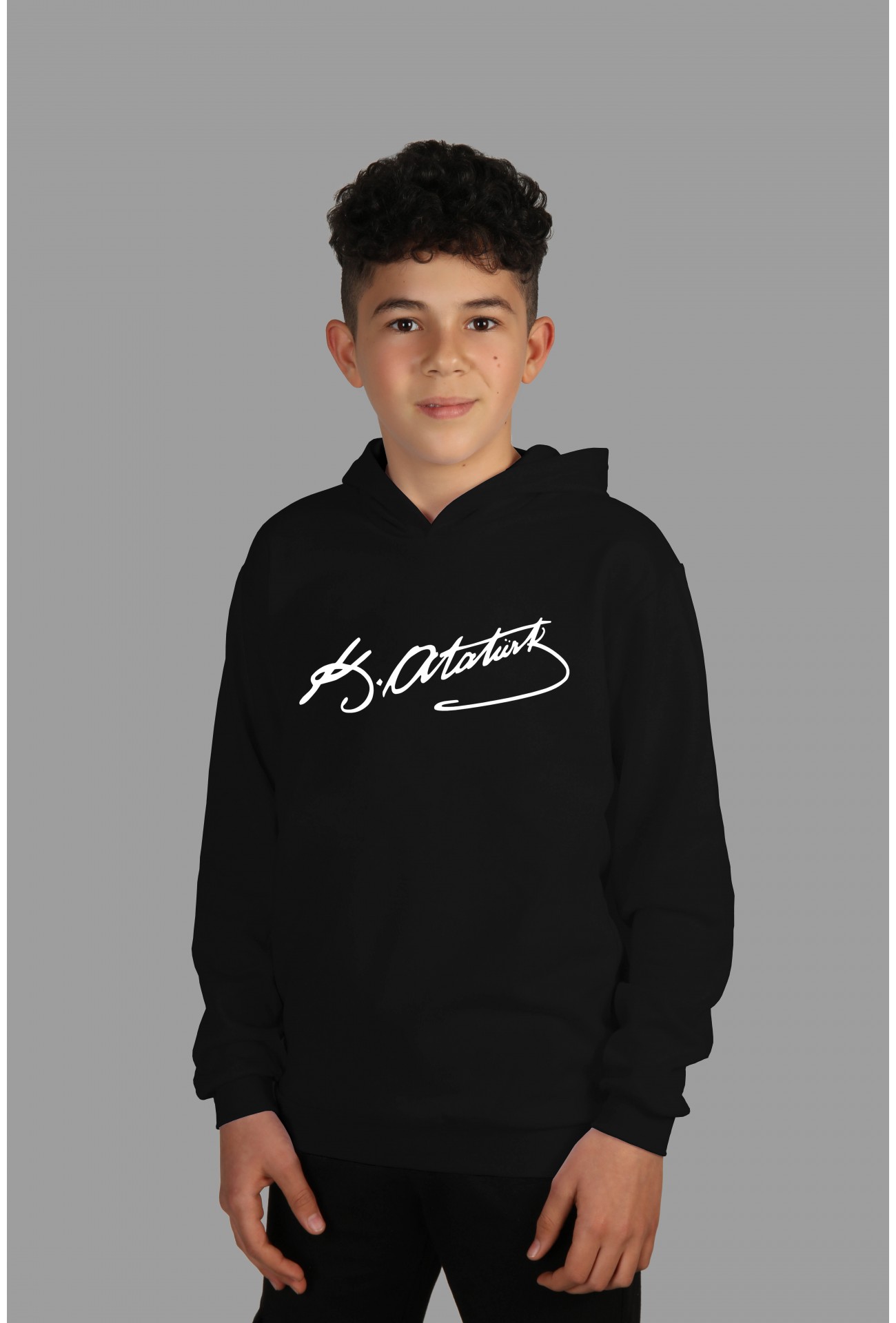 Raf Coll Çocuk Siyah Kapşonlu Sweatshirt K. Atatürk Imza Dijital Baskılı Iki Iplik Içi Şardonlu