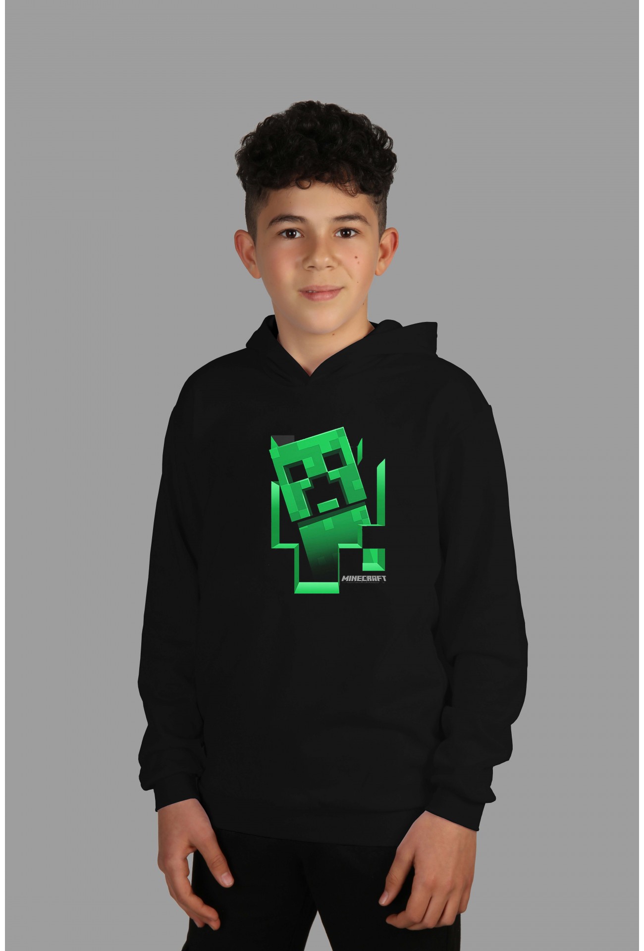 Raf Coll Çoçuk Siyah Kapüşonlu Sweatshirt Minecraft Dijital Baskılı Iki Iplik Içi Şardonlu