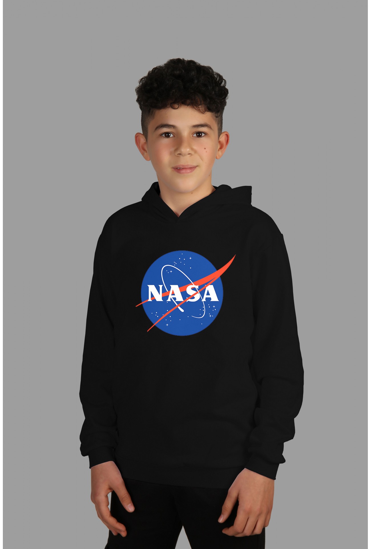 Raf Coll Çocuk Siyah Kapşonlu Sweatshirt Nasa Dijital Baskılı Iki Iplik Içi Şardonlu