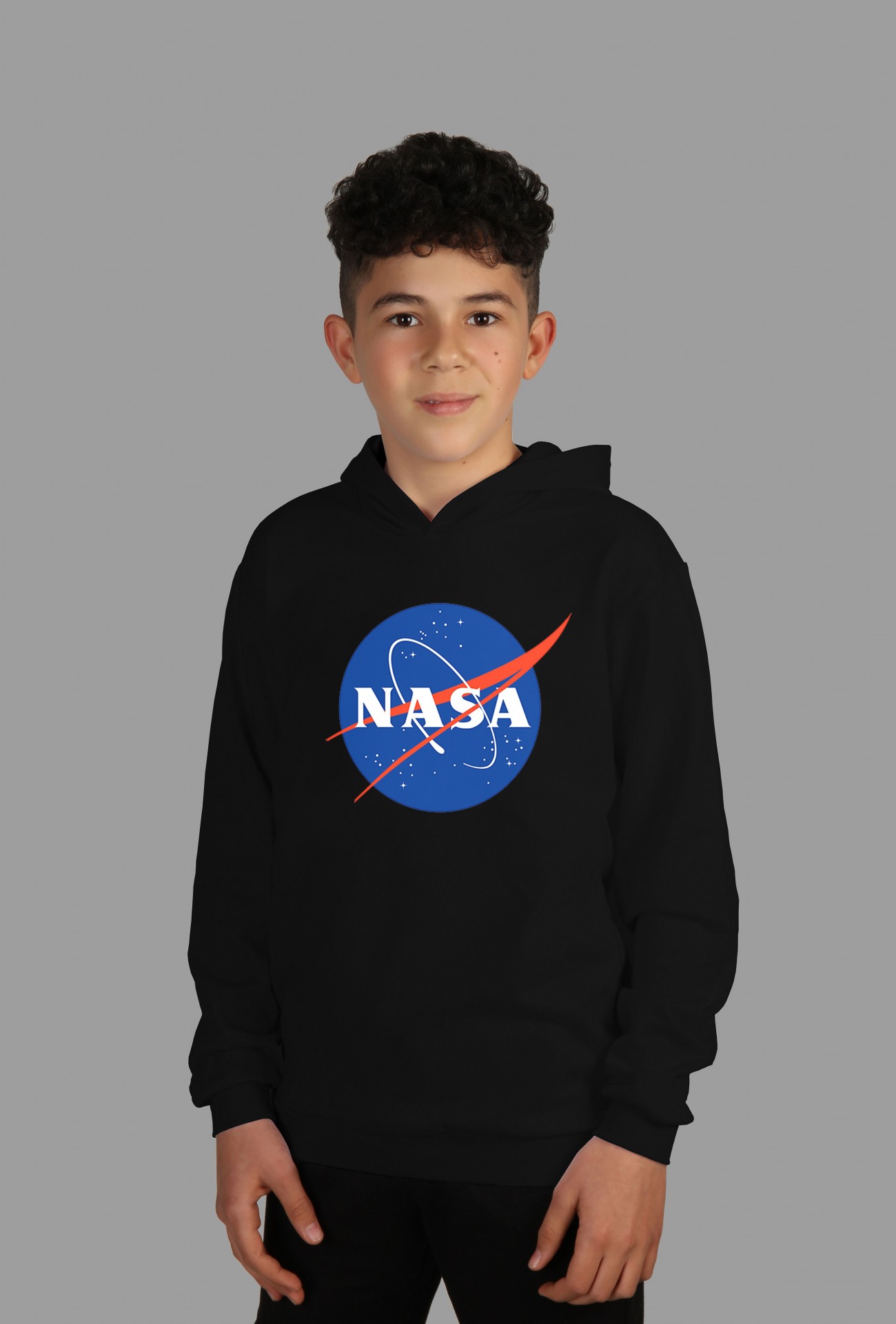 Raf Coll Çocuk Siyah Kapşonlu Sweatshirt Nasa Dijital Baskılı Iki Iplik Içi Şardonlu