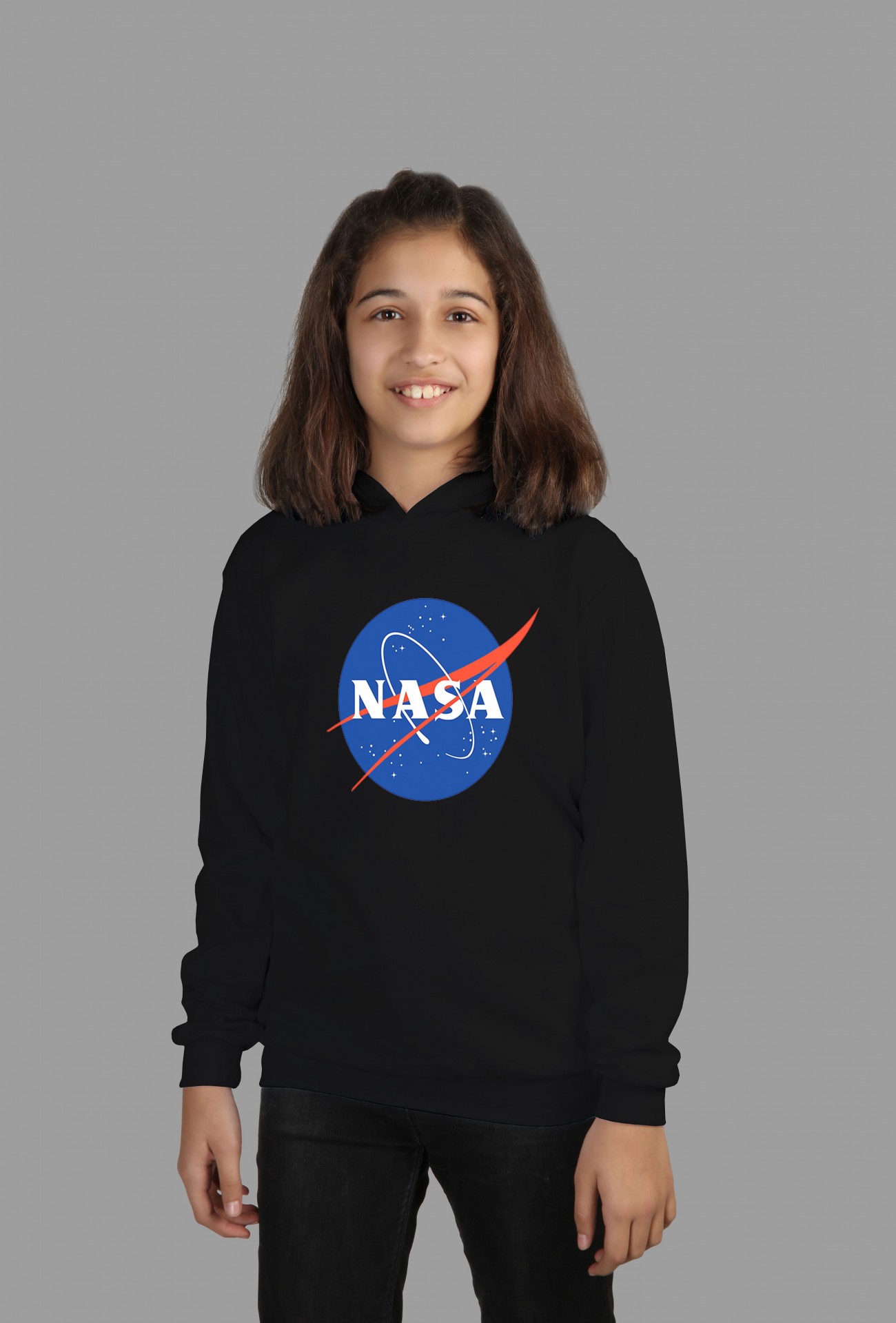 Raf Coll Çocuk Siyah Kapşonlu Sweatshirt Nasa Dijital Baskılı Iki Iplik Içi Şardonlu