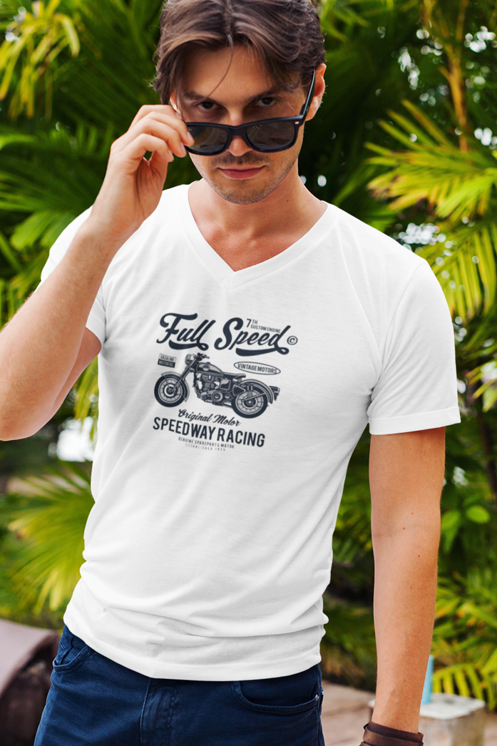 Raf Coll Unisex Beyaz V Yaka Slim Fit Tişört Full Speed Motor Dijital Baskılı Raf Coll Unisex Beyaz V Yaka Slim Fit Tişört Full Speed Motor Dijital Baskılı